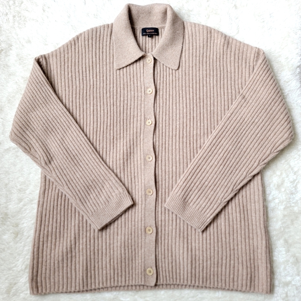 Quince Mongolian Cashmere Wide-Rib Oversized Collared Cardigan, Oatmeal, S